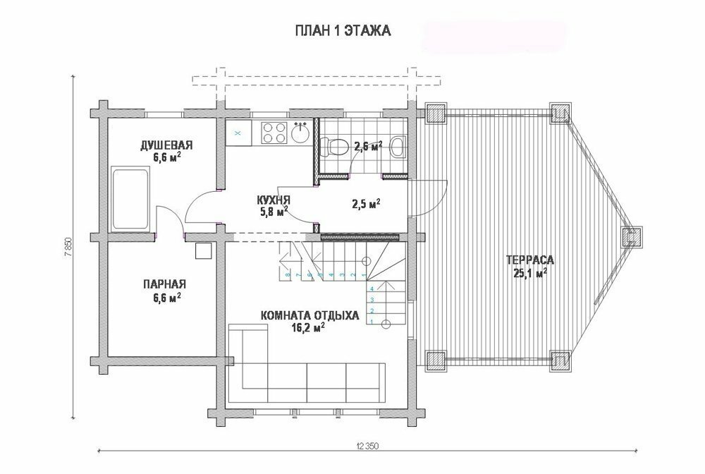 План первого этажа – проект ПБ-105 Баня с мансардой