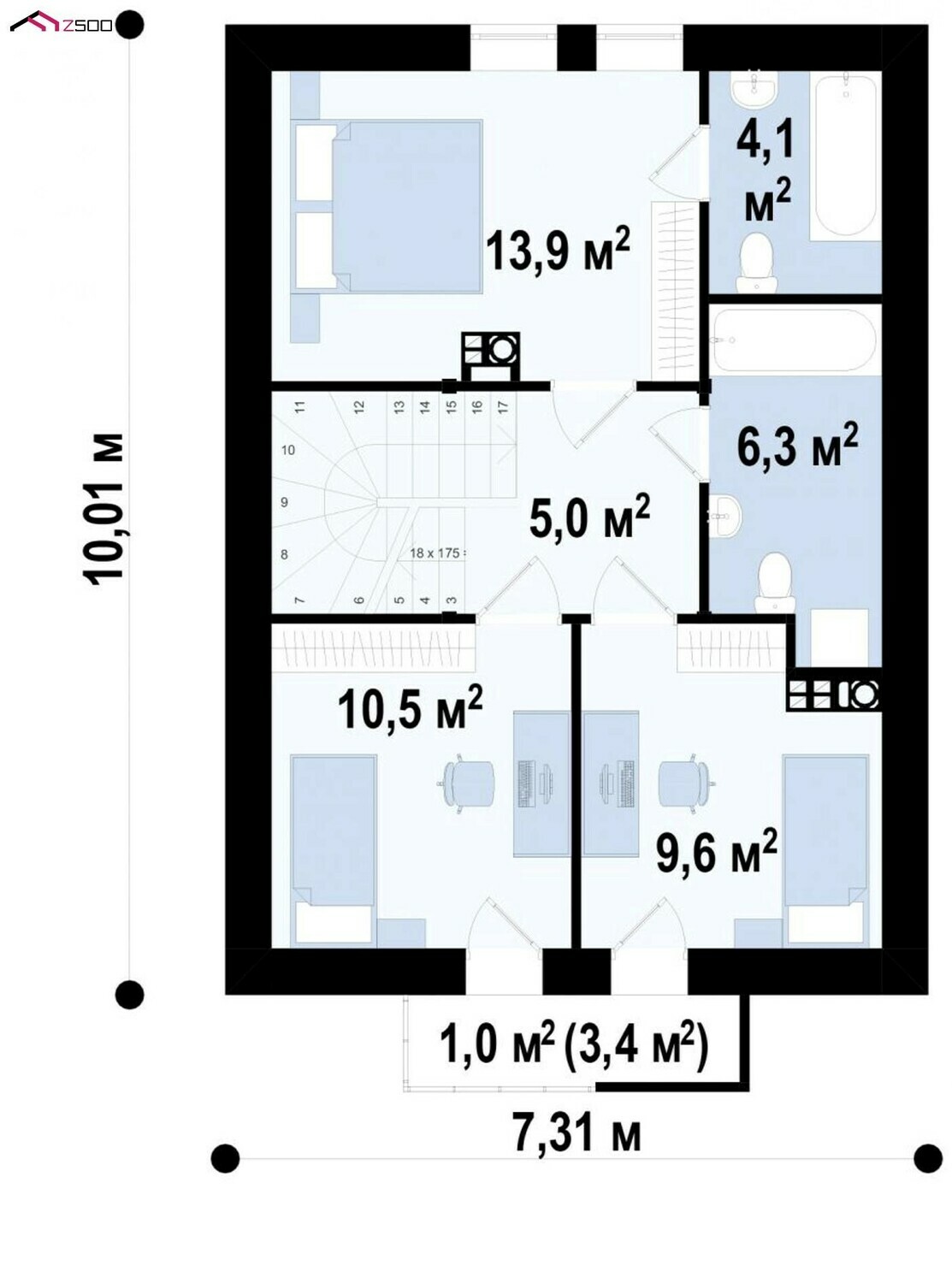 Проект дома из газобетонных блоков ГБ-078 – план мансардного этажа
