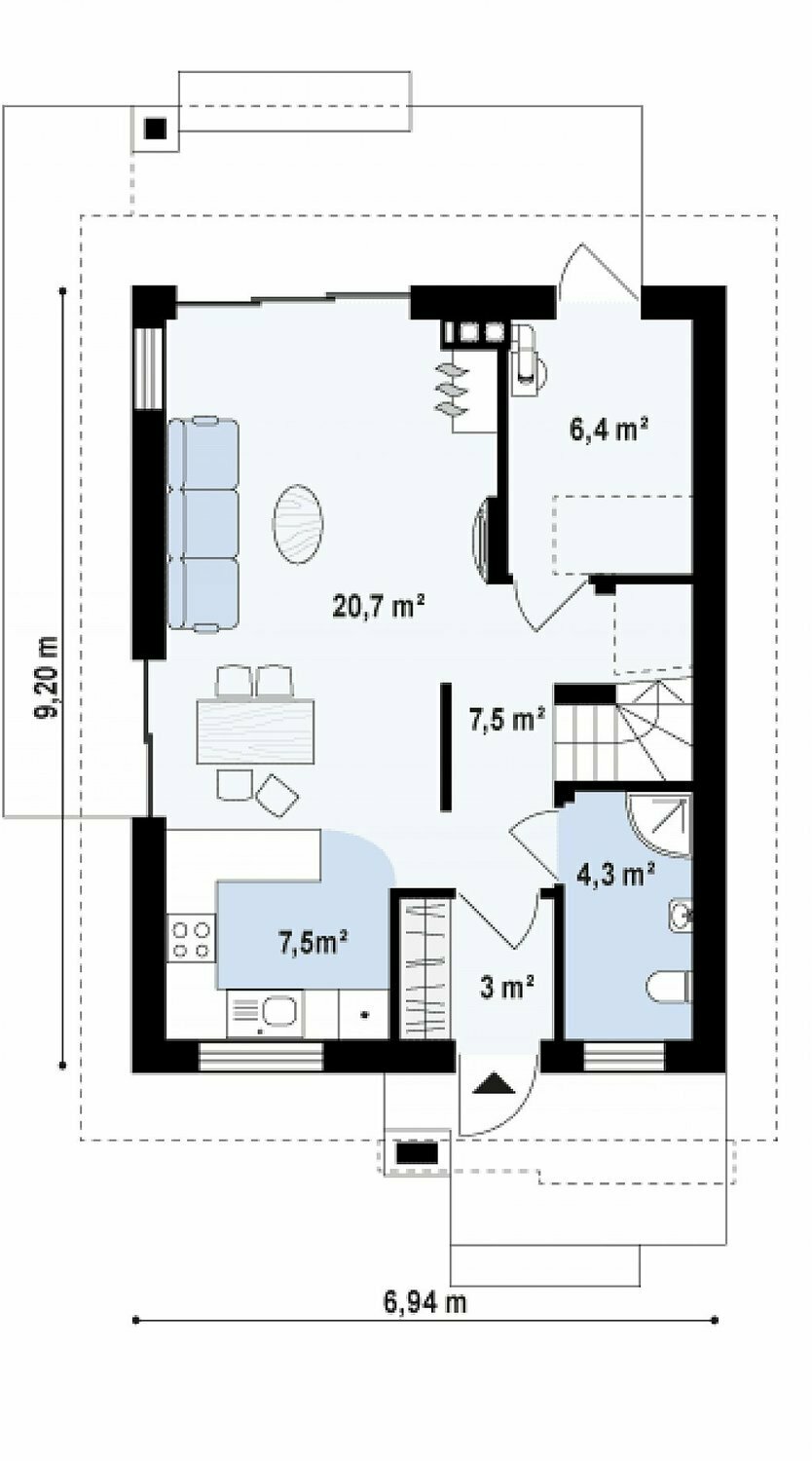 Проект дома из блоков ГБ-094 – план первого этажа
