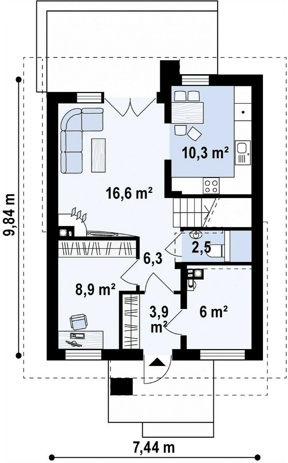 Проект дома из блоков ГБ-105 – план первого этажа